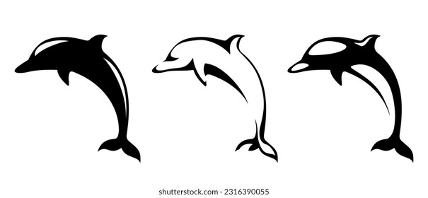 Dolphins. Set of black silhouettes of dolphins isolated on a white background. Vector illustration 