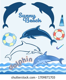 Dolphins set. Illustration of a funny dolphin jumping fun 