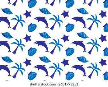 Dolphins and shells Tropical blue design pattern background. 