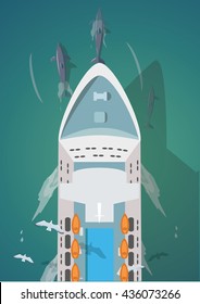 Dolphins and Ship top view vector illustration.