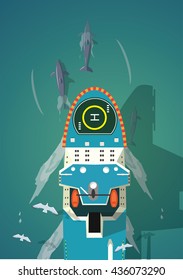 Dolphins and Ship top view vector illustration.