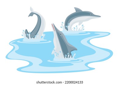 Dolphins show. Cute dolphins set. Vector illustration of a jumping dolphin. Cute water animals
