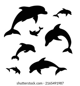 Dolphins silhouettes pattern isolated on white background.