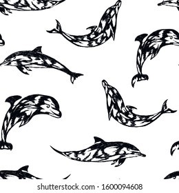 Dolphins , sketch , animal, sea vector seamless pattern on white background . Concept for print, web design, textile, wallpaper, wrapping design . 
