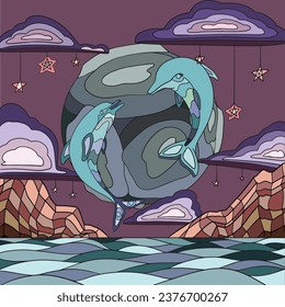 Dolphins in the sky among the clouds