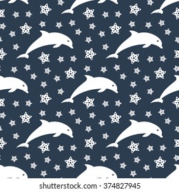 Delfines en el cielo, Patrón náutico sin mar con siluetas y estrellas de delfines, fondo azul oscuro