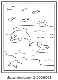 Delfines y pez estrella en vectores dibujados a mano, página de color de la playa