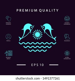 Dolphins with sun & sea - Logo. Graphic elements for your design