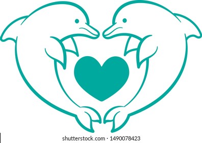 Dolphins surround a green heart shape