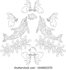 Dolphins surrounded by an ornament symbolizing the waves of the sea, splashing in the water. Zenart. Anti stress coloring.
