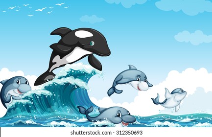 Dolphins swimming in the ocean illustration