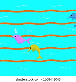 Dolphins are swimming summertime cartoon animals graphic designs vector illustration 