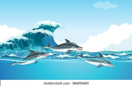 Dolphins swimming under the ocean illustration