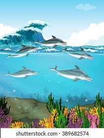 Dolphins swimming under the sea illustration