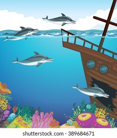 Dolphins swimming under the sea illustration