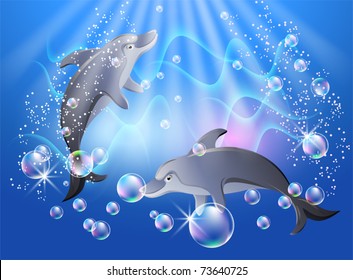 Dolphins swims in the water with air bubbles