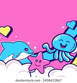 Dolphins themed vector design with bright colors suitable for printing on clothes or on children's swimming boards