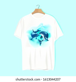 Dolphins t-shirt on a blue background. Print. Mockup for your idea