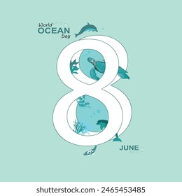 Dolphins, turtles, sharks, and fish gracefully swim around a number 8 in this World Ocean Day artwork, surrounded by lush plants and bubbles, highlighting ocean life's beauty and unity.