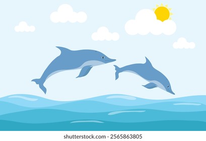 Dolphins, two dolphins against the background of a seascape, sky and clouds. Vector, designer illustration. Vector.