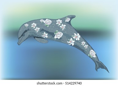 Dolphins under water - sea animals with flowers. 
