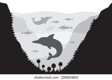 Dolphins underwater. Set dolphin. A group of dolphins swimming in the ocean. Amazing view of aquatic mammals