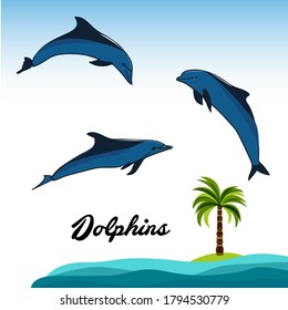 Delfines. Ilustración vectorial. Establecer. Árbol de palma  