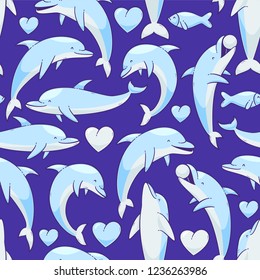 Dolphins vector seamless pattern, vector cartoon illustration