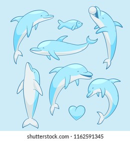 Dolphins vector set, vector cartoon illustration eps 10
