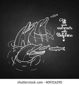 Dolphins in the water catching fish. Summer mood. Vector art isolated on chalkboard. Sea and ocean vector creatures in black and white colors