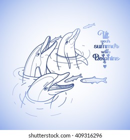 Dolphins in the water catching fish. Summer mood. Vector isolated art. Sea and ocean vector creatures in blue colors. Coloring book page design
