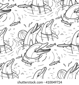  Dolphins in the water catching fish. Vector seamless pattern. Sea and ocean vector creatures in black and white colors. Coloring book page design for adults and kids