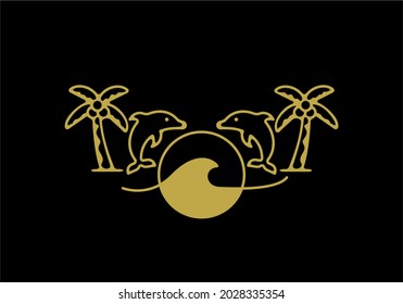 Dolphins and wave with coconut tree line art illustration design