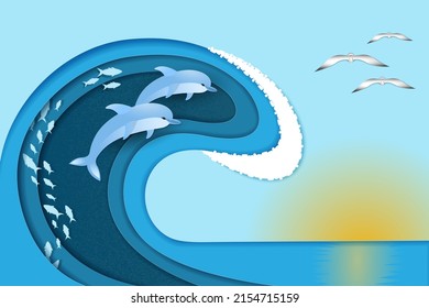 Dolphins in a wave at sunset. Paper art style. Marine wildlife concept.Vector illustration