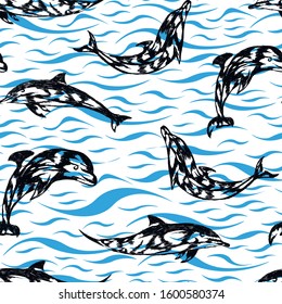 Dolphins , waves , sea vector animal, seamless pattern on white background . Concept for print, textile, cards, wallpaper, wrapping paper 
