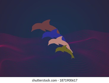 Delfines, saltando en las olas, divirtiéndose en los grandes mares, imágenes vectoriales.