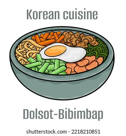 Dolsot-Bibimbap. Typical ingredients in Bibimbap are rice, sauteed vegetables, a fried egg, red chili paste and soybean paste. Korean Cuisine.