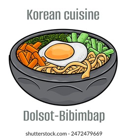 Dolsot-Bibimbap. Typical ingredients in Bibimbap are rice, sauteed vegetables, a fried egg, red chili paste and soybean paste. Korean Cuisine.