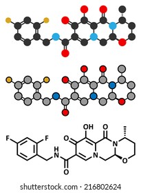 Dolutegravir HIV drug molecule. Integrase inhibitor antiviral class. Conventional skeletal formula and stylized representation, showing atoms (except hydrogen) as color coded circles.