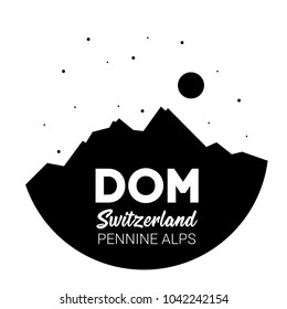 The Dom, Pennine Alps, Switzerland. Vector black and white illustration of mountain. Print design for clothes and souvenir production. 