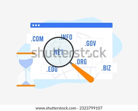 Domain Age - SEO rank factor concept. Check website domain with different web domain namespace, history and age with hourglass illustration. Boost search engine optimization