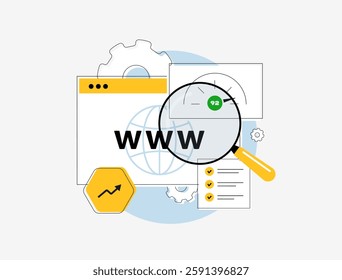 Domain authority in SEO concept with aged web domains, quality backlinks and trustworthiness. Authority, relevance and credibility improve ranking and search visibility through strong link building