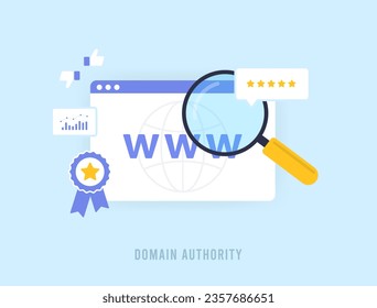 Domain Authority in SEO concept. Authority, Relevance and Trustworthiness in Aged Web Domains Authority with Quality Backlinks. Vector illustration isolated on blue background with icons