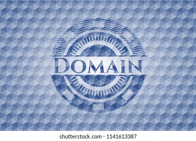 Domain blue emblem with geometric pattern background.