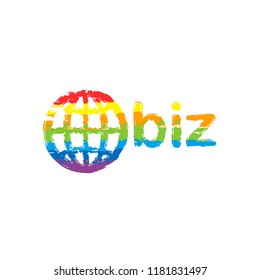 domain for business, globe and biz. Drawing sign with LGBT style, seven colors of rainbow (red, orange, yellow, green, blue, indigo, violet