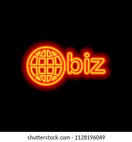 domain for business, globe and biz. Orange neon style on black background. Light icon
