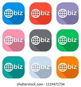 domain for business, globe and biz. Set of white icons on colored squares for applications. Seamless and pattern for poster