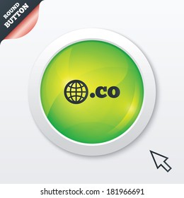 Domain CO sign icon. Top-level internet domain symbol with globe. Green shiny button. Modern UI website button with mouse cursor pointer. Vector