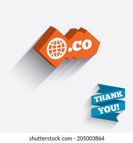 Domain CO sign icon. Top-level internet domain symbol with globe. White icon on orange 3D piece of wall. Carved in stone with long flat shadow. Vector