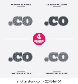 Domain CO sign icon. Top-level internet domain symbol. Diagonal and horizontal lines, classic outline, dotted texture. Pattern design icons.  Vector